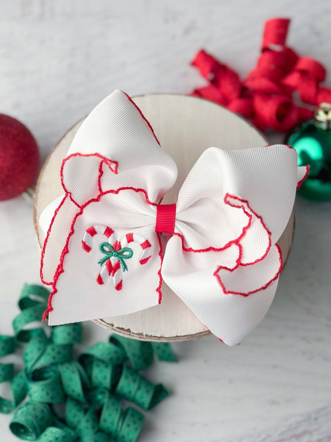 Candy Cane Embroidered Hair Bow | Clip