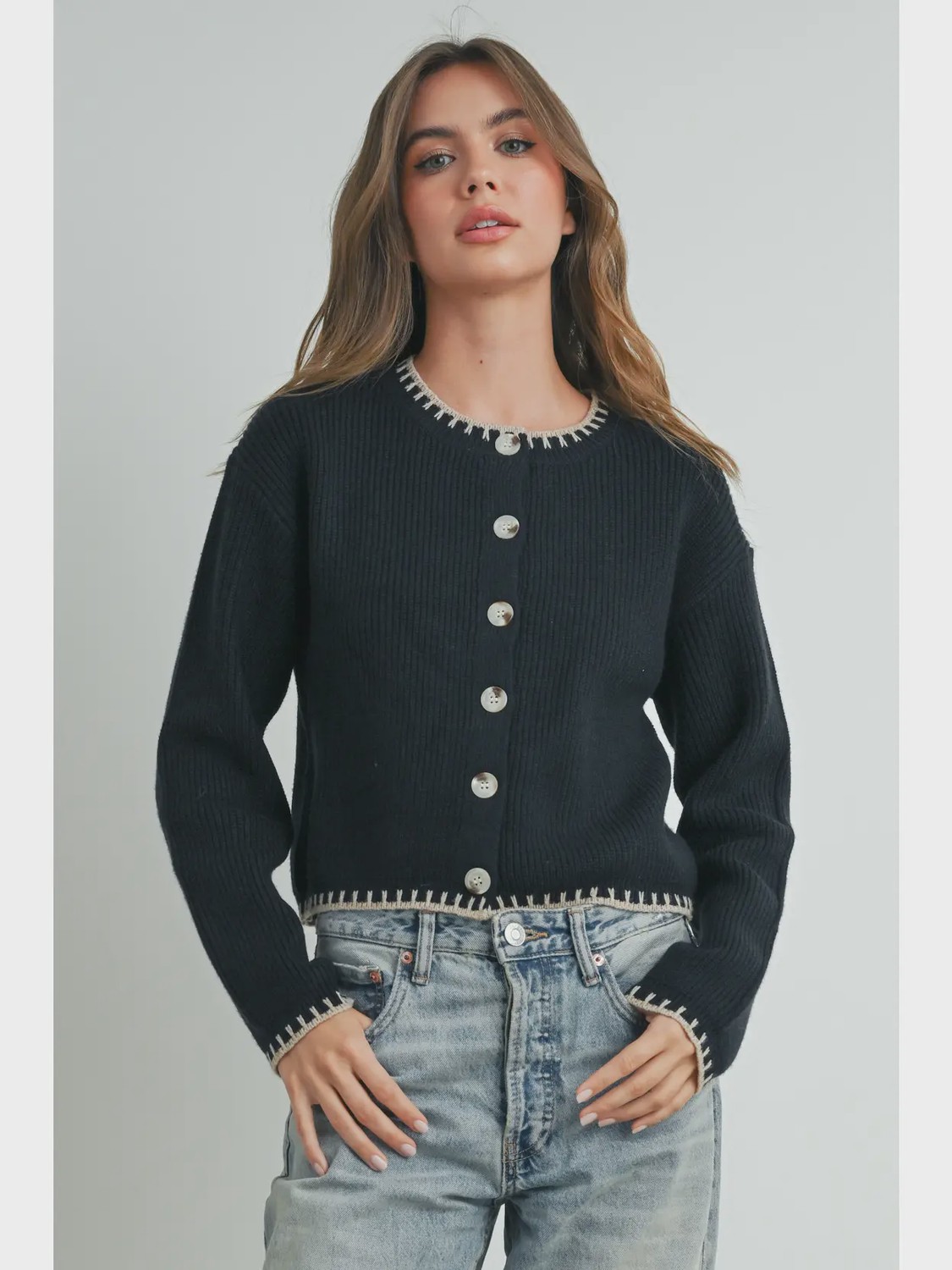 Women's Crewneck Cardigan Sweater - Black