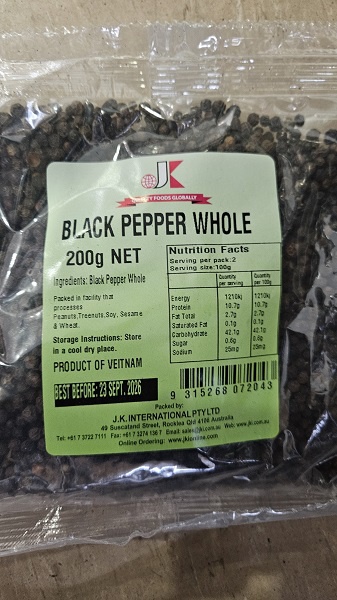 JK Black Pepper Whole 200g