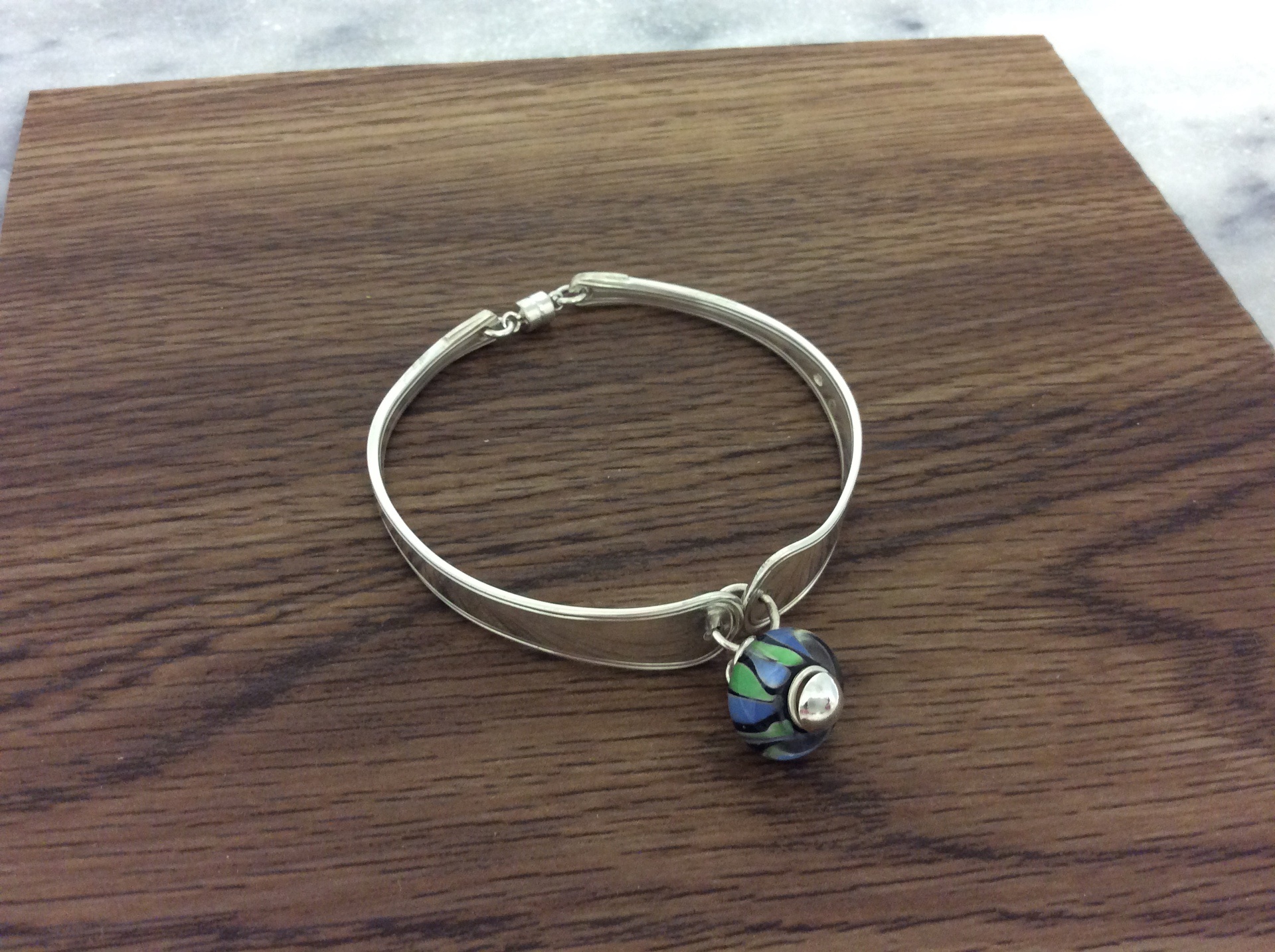 Vintage Danish Sterling Silver spoon bracelet with Murano glass bead
