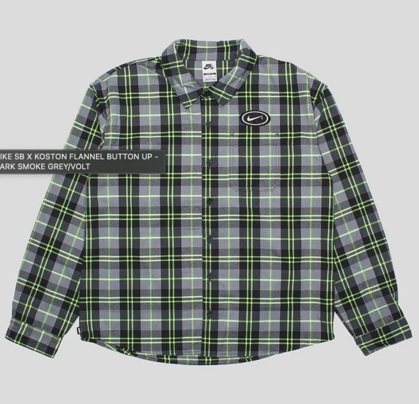 Nike SB X Koston Flannel Button Up - DARK SMOKE GREY/VOLT • Brand New [0692]
