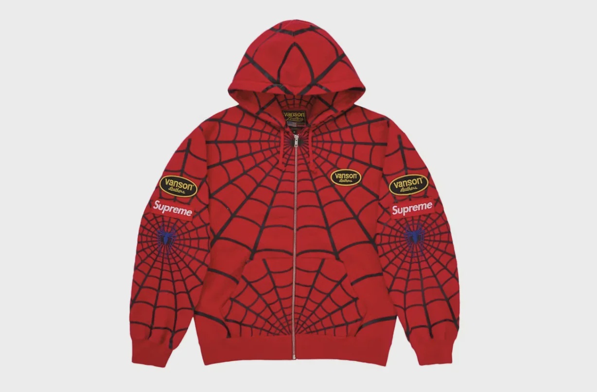 Supreme Supreme Vanson Leathers Spider-Man Zip Up Hooded Sweatshirt Red - Size XL