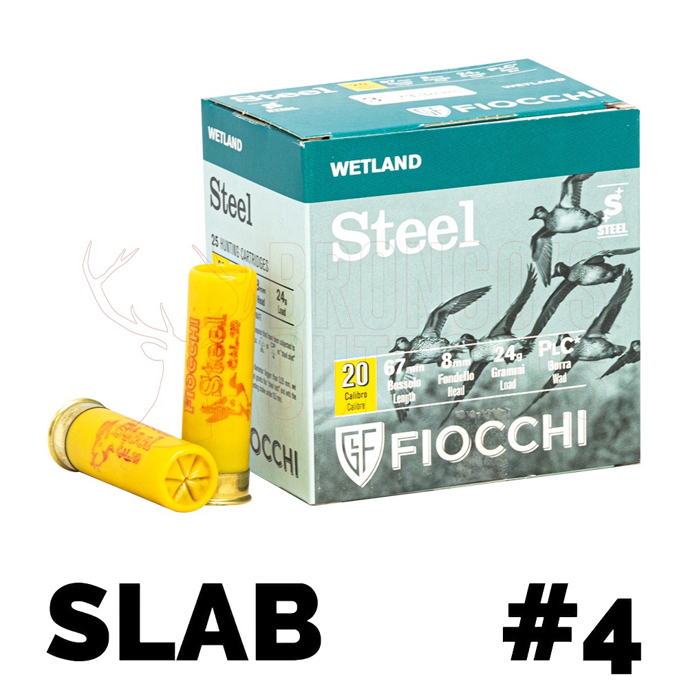 Fiocchi Steel 20 Gauge 24 Gram 2 1/2" 4 Shot Shotgun Shells - Slab