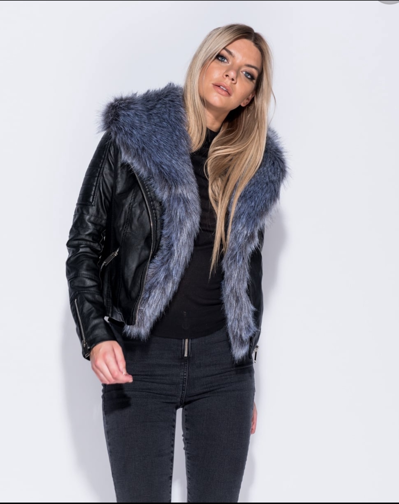 Black Studded sleeve faux fur long jacket Stevie Coleman Clothing