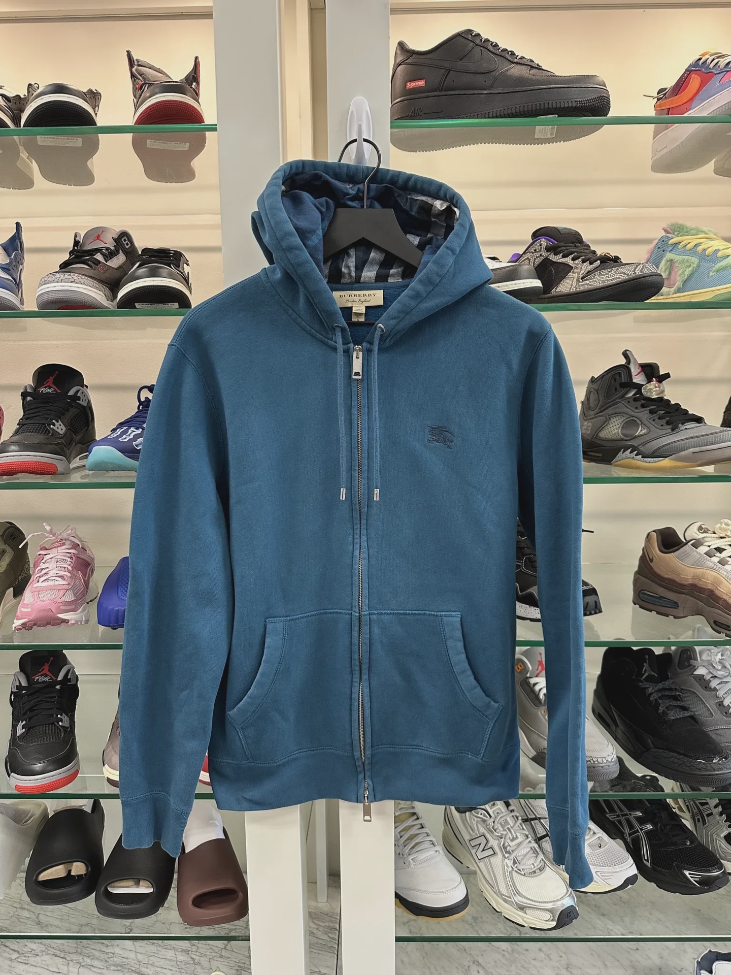 Burberry Clarendon Check Hood Zip Up Hoodie Blue • Pre-Owned [3383] - photo 1