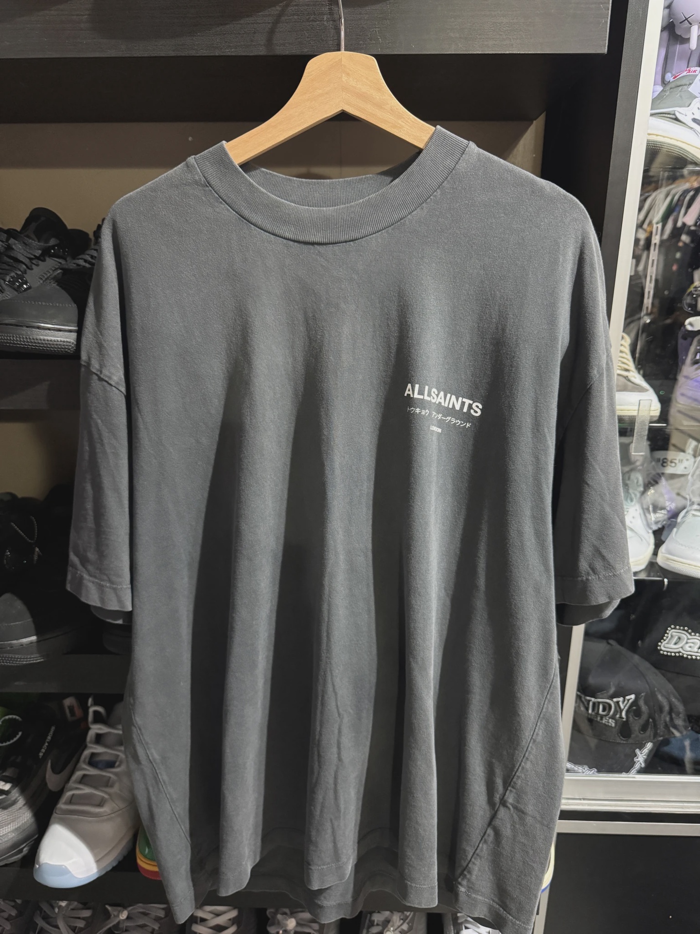 All Saints Small Logo Grey Tee (size L) • Pre-Owned [9629]