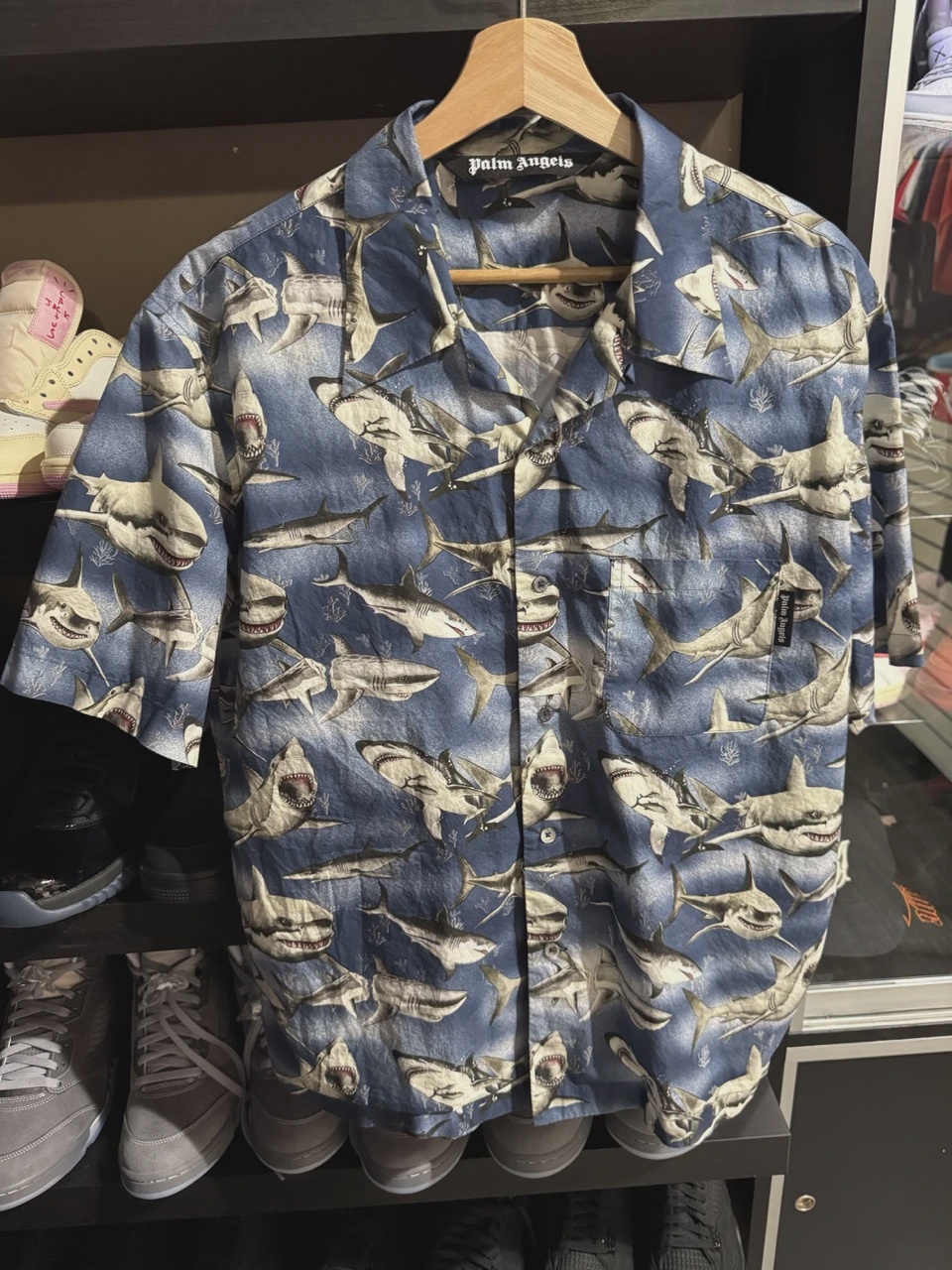 Palm Angels Sharks Bowling Shirt Blue/Black • Pre-Owned [0345]