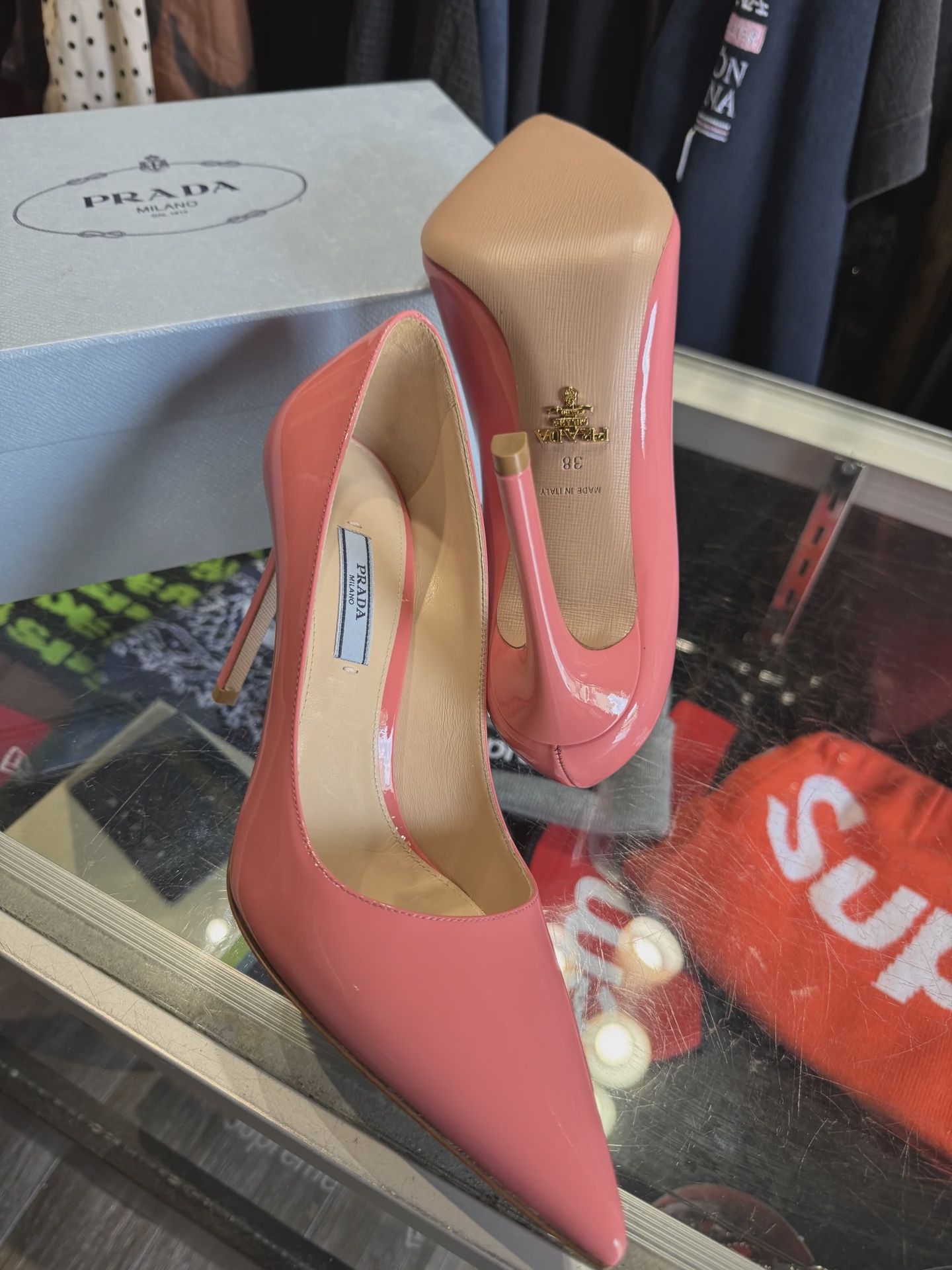 Prada Prada Peach Patent Leather Pointed Toe Pump Heels (38) - Size US W 7.5