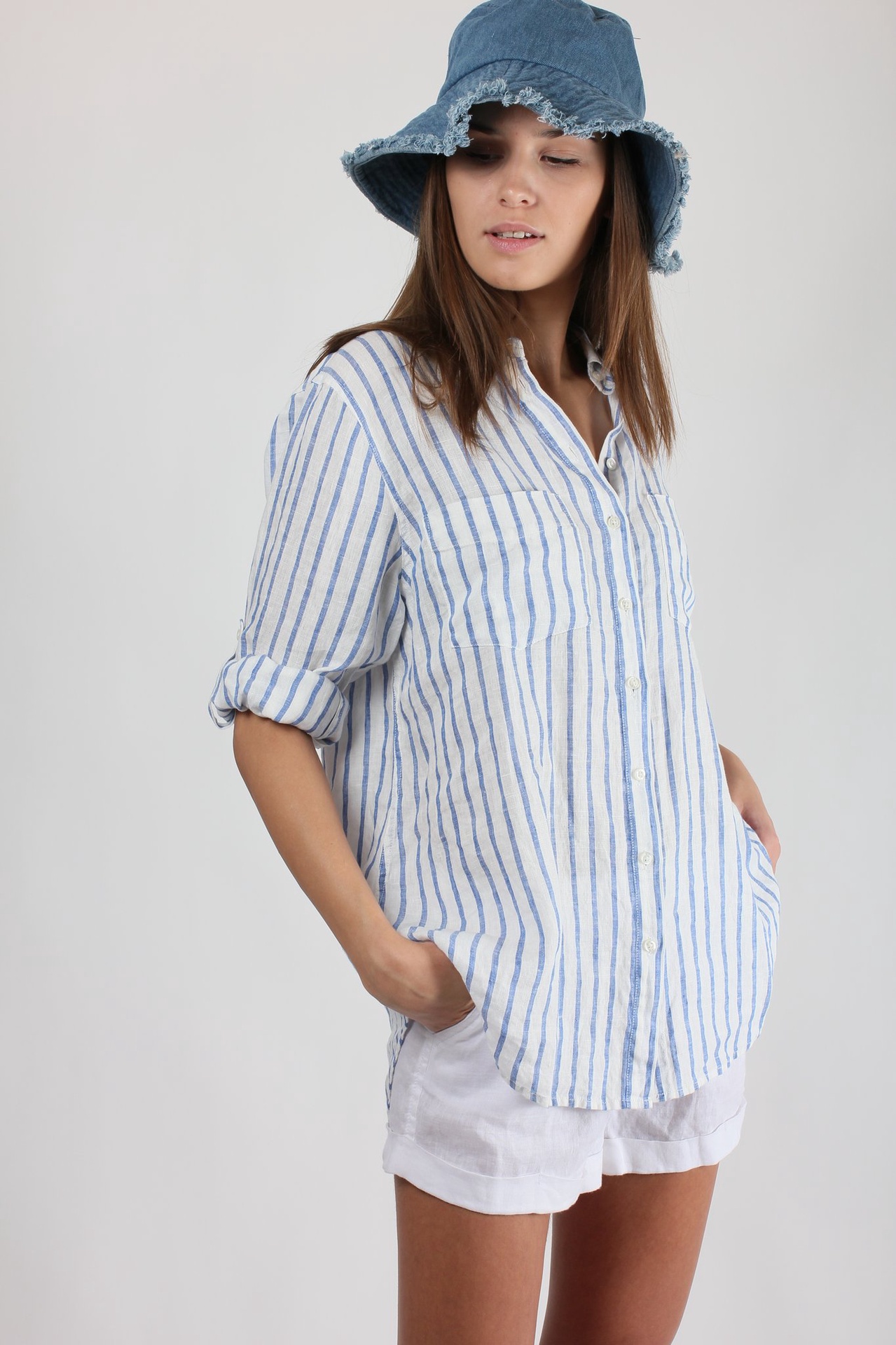Hut Classic Boyfriend Linen Shirt White with Blue Stripe - THE HERD store