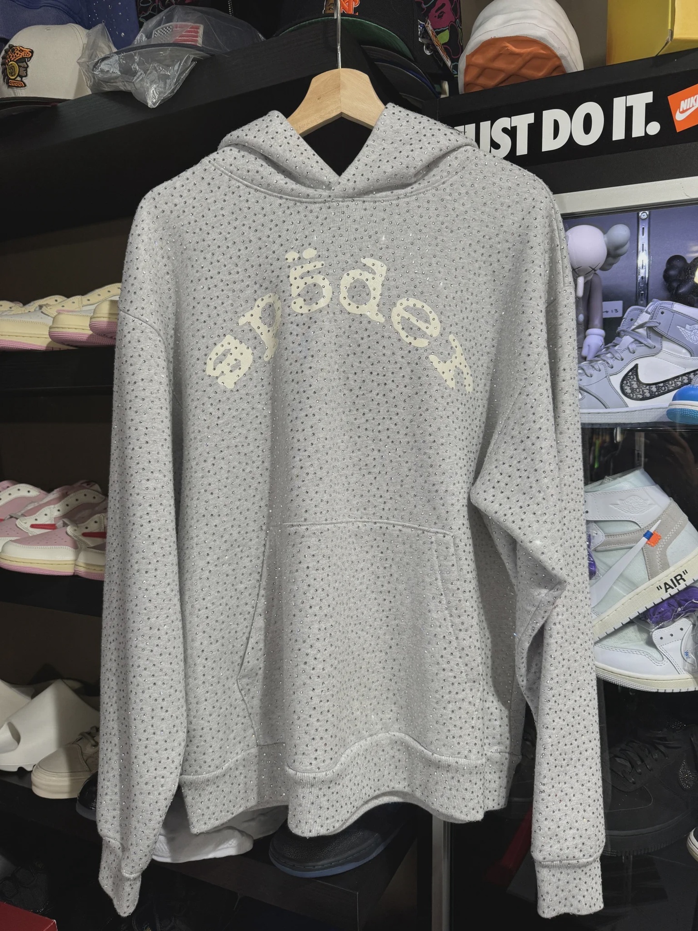 Sp5der Grey Rhinestone Hoodie M • Pre-Owned [3188]