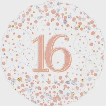 Oaktree - 18" 16th Sparkling Fizz Birthday White & Rose Gold Holographic Balloon - 227079