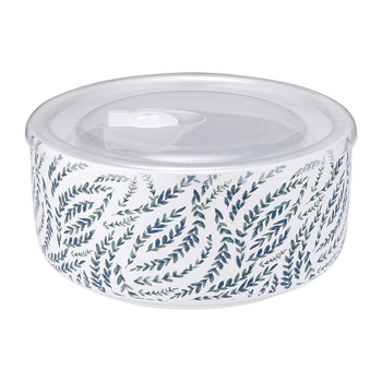 CERAMIC MICROWAVE BOWL WITH LID - WHITE LEAF