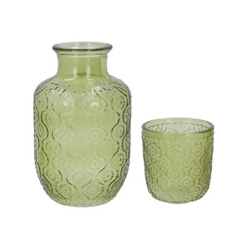 GLASS WATER CARAFE WITH GLASS -GREEN DAISY