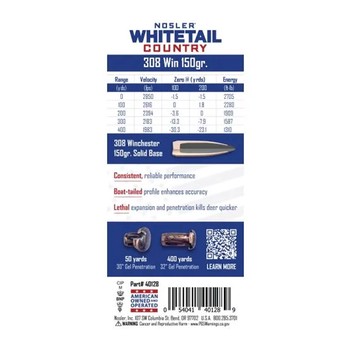 Nosler Whitetail Country .308 Win 150gr Solid Base 20 Rounds