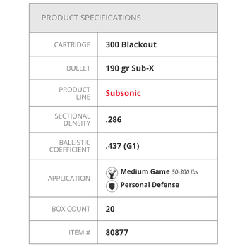 Hornady Subsonic 300 Blackout 190gr Sub-X 20 Rounds