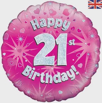 Oaktree - 18" Happy 21st Birthday Pink Holographic Balloon - 227703