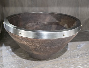 Mango Wood Bowl w/Antiqued Metal Rim/Small