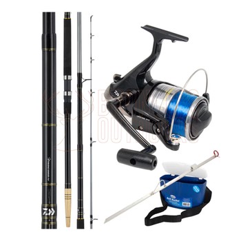 Daiwa Eliminator 1403 + Procyon 550 - Spooled with Bait bucket + Sand Spike