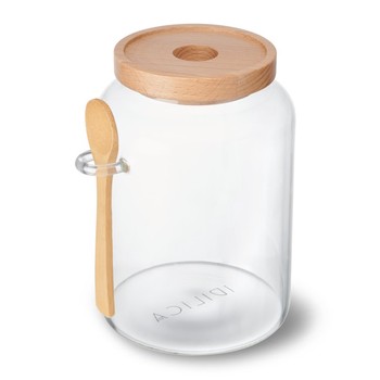 IDILICA GLASS STORAGE JAR WITH BEECH LID AND SPOON  1.2 LITRE