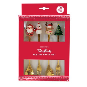 GOLD CHRISTMAS TEASPOON AND FORK - SET OF 4