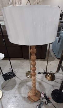 Turned Wood Floor Lamp w/Off-White Shade