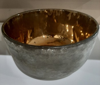 Silver Frosted Glass Bowl Blue/Gold Inside Large