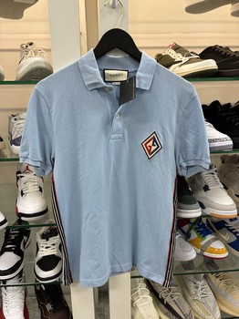 Gucci - Logo-Appliquéd Striped Cotton-Blend Piqué Polo Shirt - Light blue - Pre-Owned