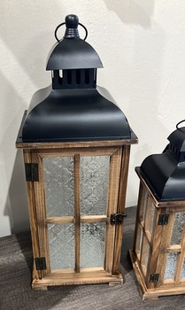 Wood Black Metal Lantern - Patterned Glass / Large
