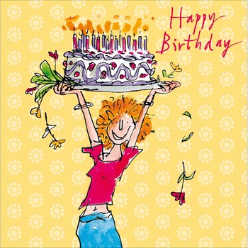 Woodmansterne - Woman Jumping In Air With Birthday Cake - Greetings Card (D)