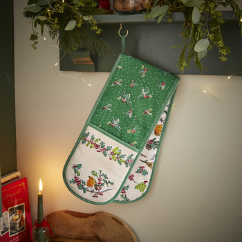 CHRISTMAS ROBINS DOUBLE OVEN GLOVE