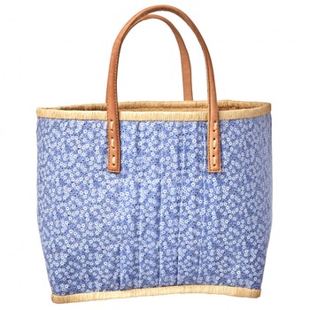 RICE LARGE FABRIC COVERED RAFFIA BAG - BLUE FLORAL