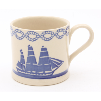BRIXTON POTTERY SMALL MUG - BLUE SQUARE RIG BOAT