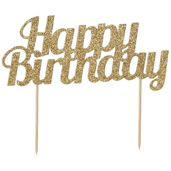 LARGE GOLD GLITTER HAPPY BIRTHDAY CAKE TOPPPER