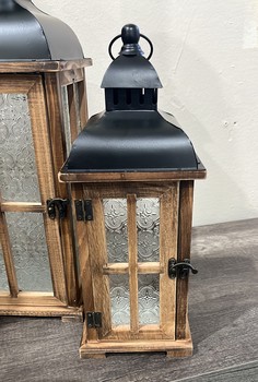 Wood Black Metal Lantern - Patterned Glass / Small