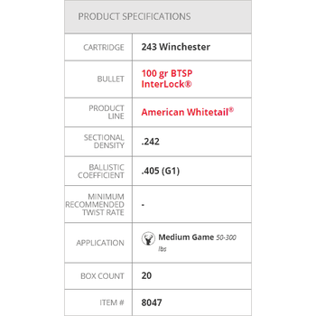 Hornady American Whitetail .243 Win 100gr InterLock SP 20 Rounds