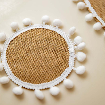 HESSIAN COASTERS WITH POM POM EDGE - SET OF 4