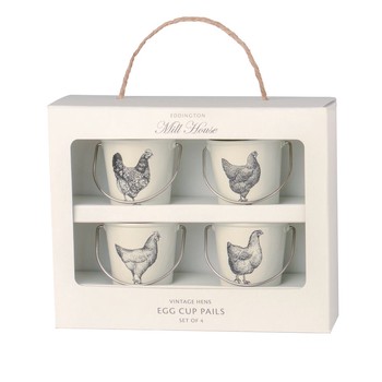 EGG PAILS - WHITE VINTAGE HEN - SET OF 4