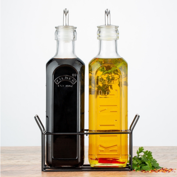 KILNER SET OF TWO OIL BOTTLES  AND METAL RACK