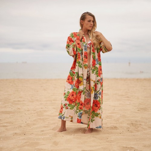 Frida Kahlo Cotton Kimono Robe – Cream Floral Print