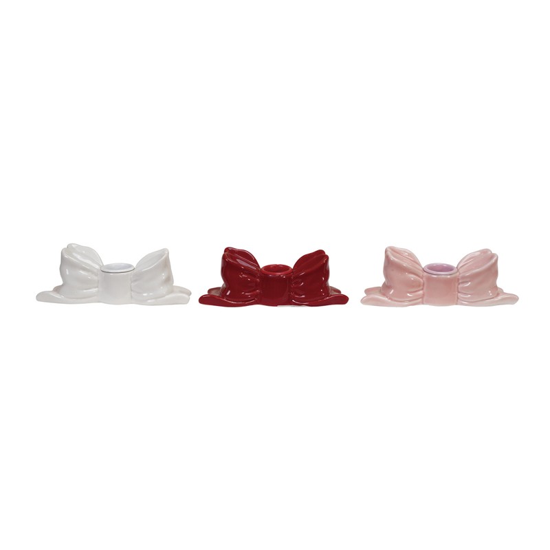 5"W x 2"H Stoneware Bow Shaped Taper Holder, 3 colors
