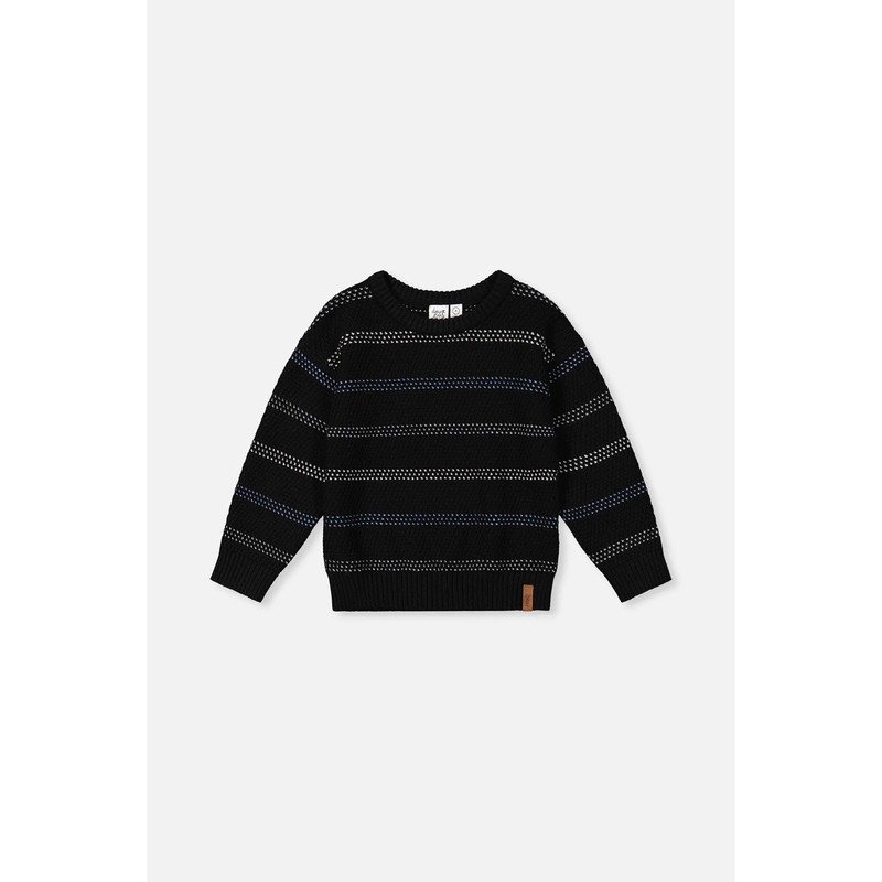 BLACK KNIT SWEATER BLUE & WHITE STRIPES LONG SLEEVE / J20UT78-09990