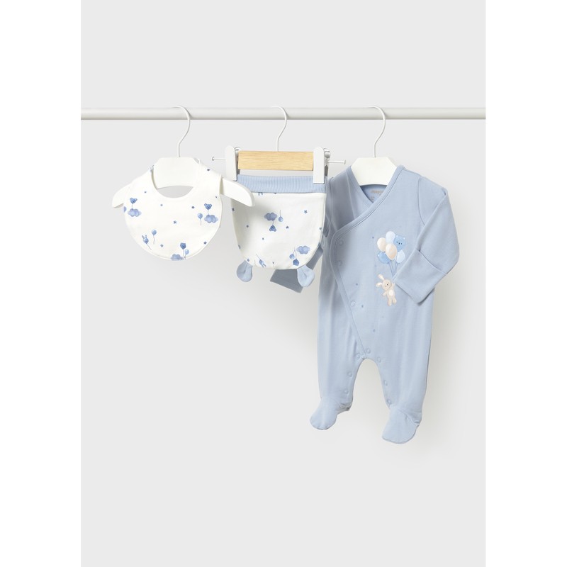 3PC SKY BLUE SLEEPER WHITE PRINTED HAT & BIB / 2748-064