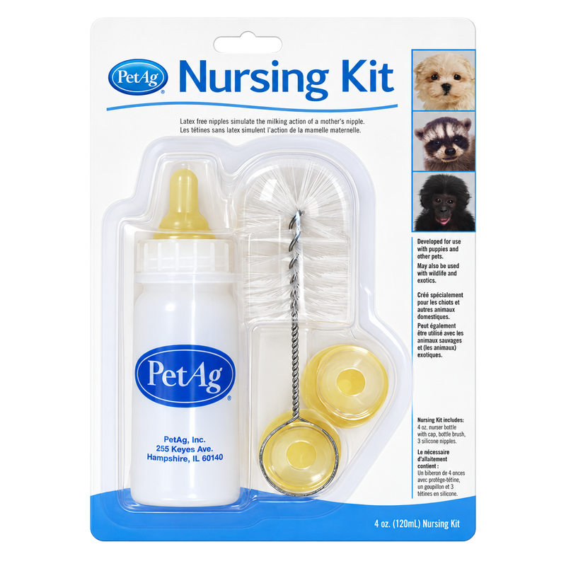 PetAg 4 oz Nursing Kit package with graduated bottle, cap, three silicone nipples, and cleaning brush