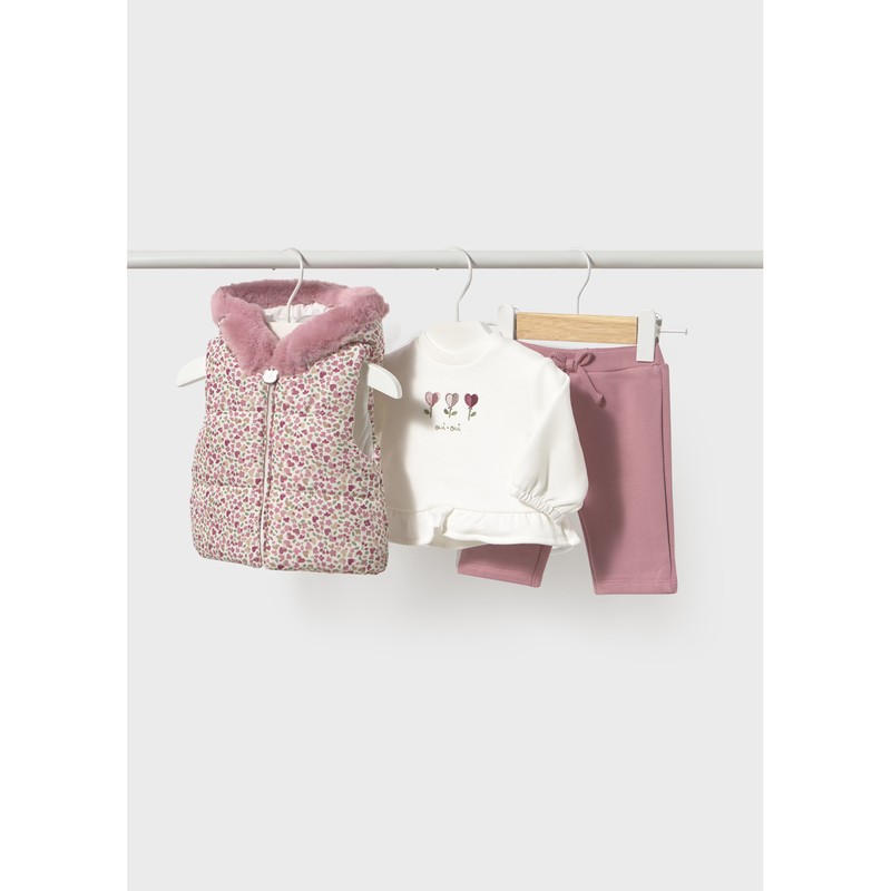 3PC PINK FLORAL VEST CREAM TOP PINK PANT HOODED / 2686-0025