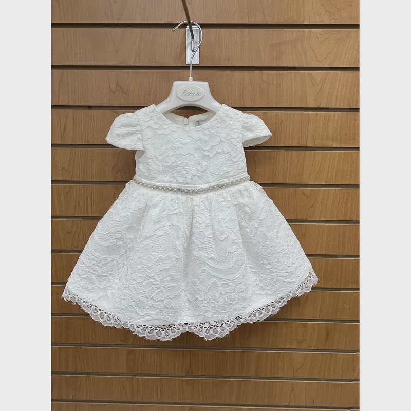 DRESS WHITE ALLOVER LACE BEADED BELT CAP SLEEVE / F2857