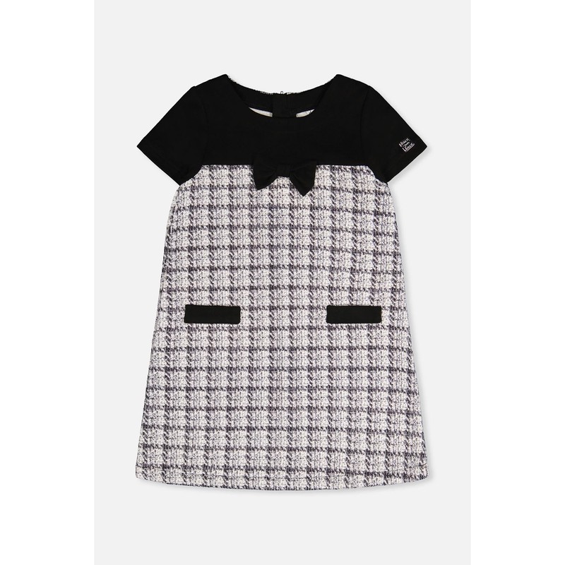 BLACK & WHITE PLAID DRESS ALINE SHORT SLEEVE BLACK BOW BODICE / L20Q94-2J304