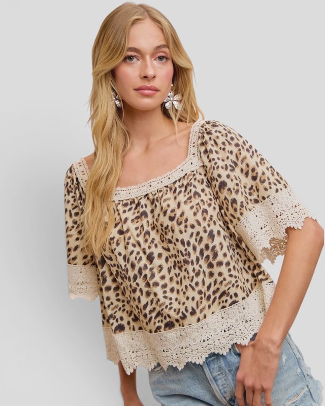 BiBi Leopard Lace Mix and Match Square Neckline Top