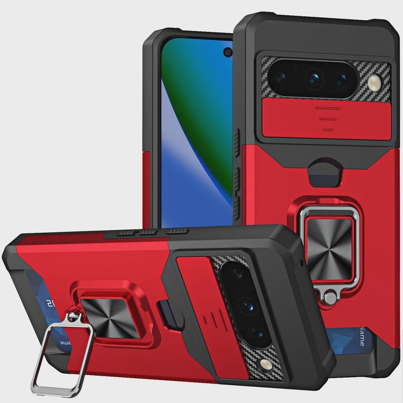 Multi-Functional Card Magnetic Ring Stand Hybrid Camera Case Cover For Samsung Galaxy A57 - Red