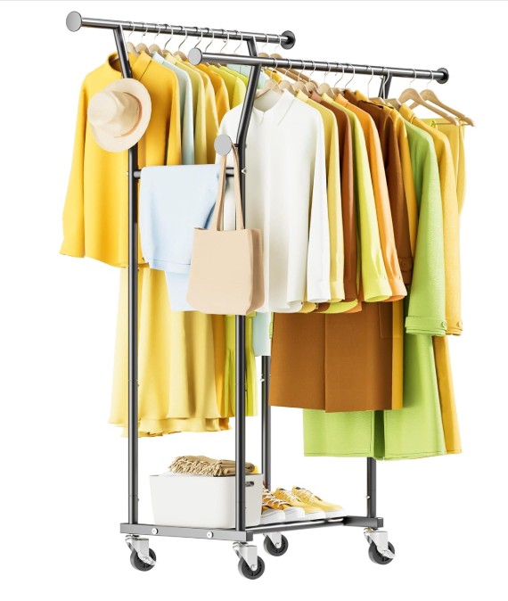 Double Rods Clothes Rack, Rolling Clothing Rack with Wheels, Metal Clothing Racks