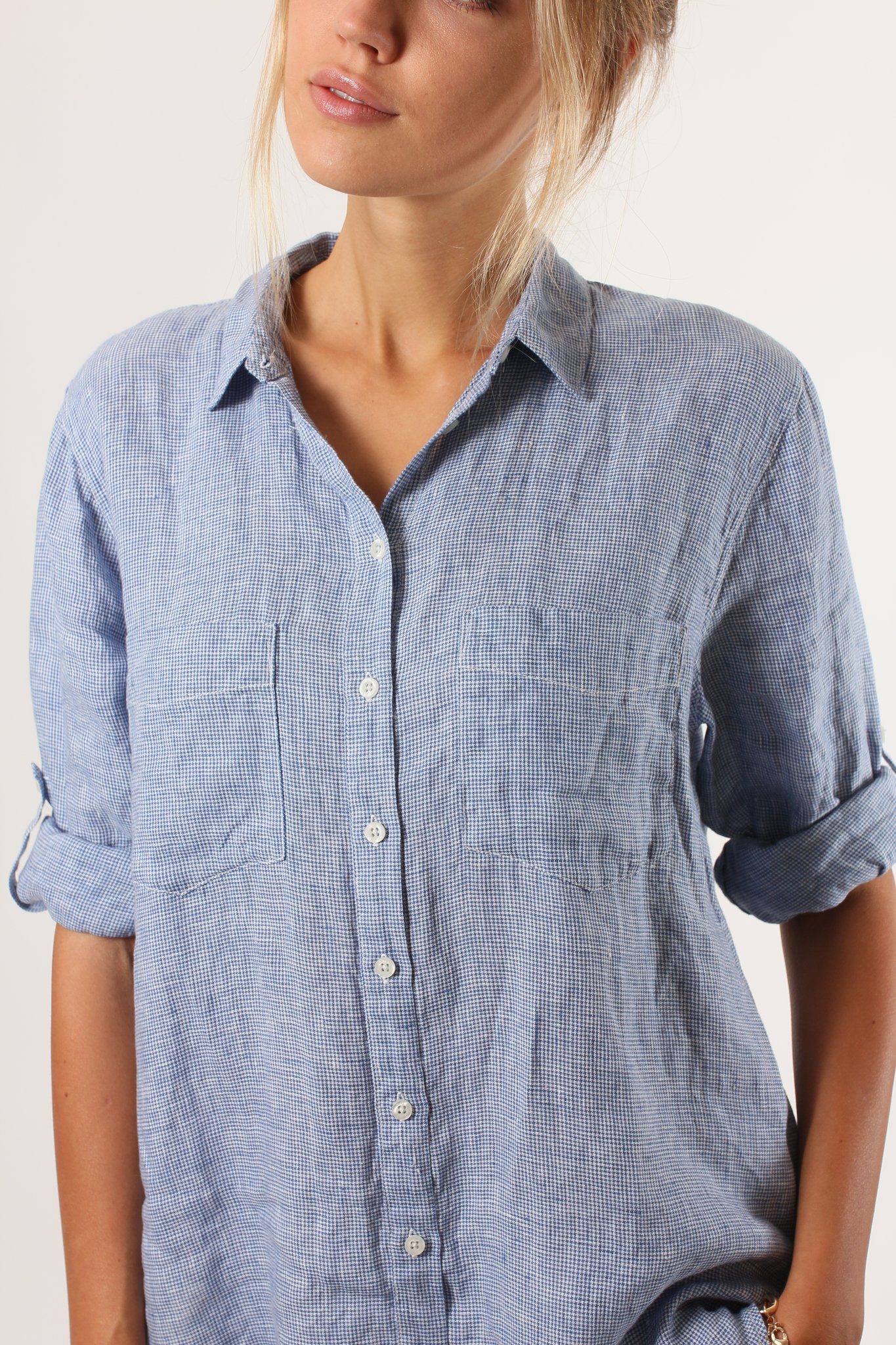 Hut Classic Boyfriend Linen Shirt Blue Houndstooth